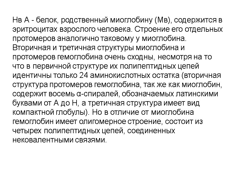 Нв А - белок, родственный миоглобину (Мв), содержится в эритроцитах взрослого человека. Строение его